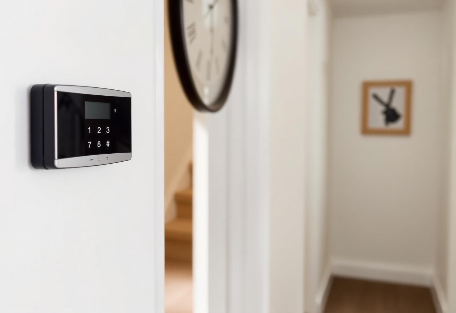 Wall-mounted alarm control panel installed in a UK home
