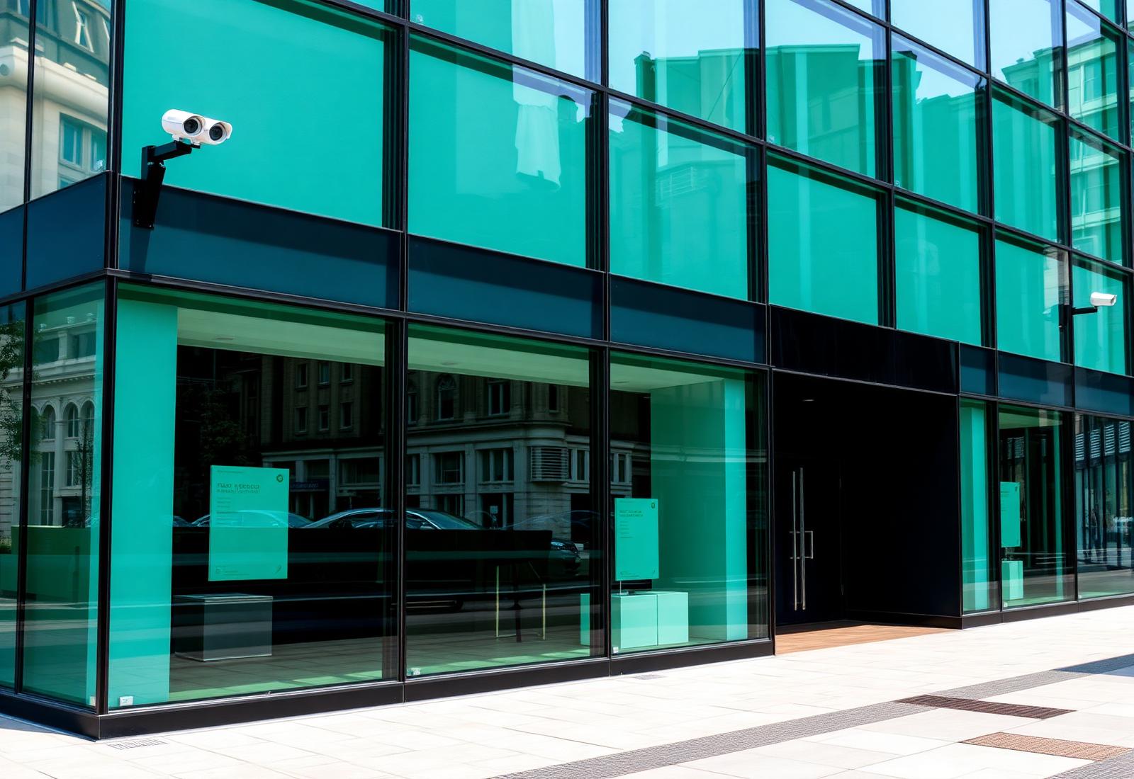 Modern commercial building with security cameras