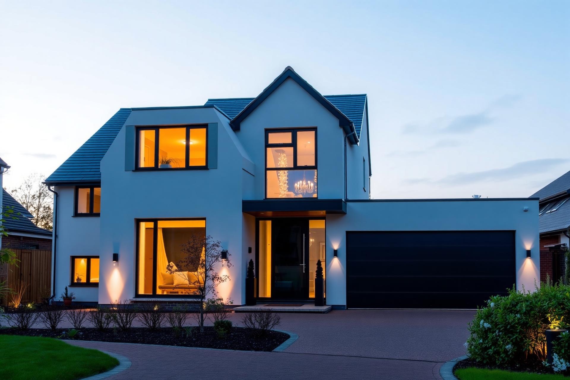 Modern home with CCTV at dusk